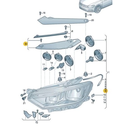 Plaque de couverture supérieure de phare VW Passat B8 2015-05.06.2016