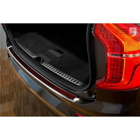 Protection de seuil arrière inox 'Deluxe' sur mesure pour Volvo XC90 2015 Chromé/Carboné noir-rouge