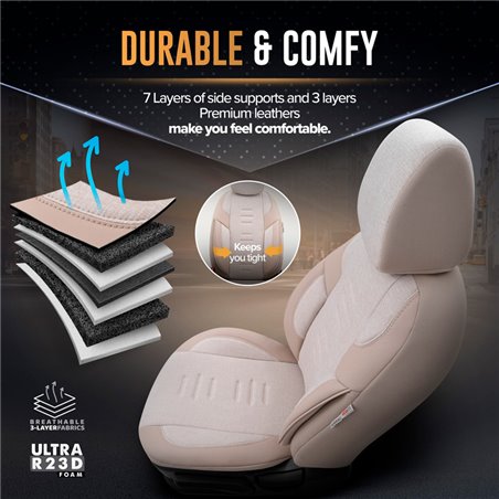 Housse de sièges universel en toile/cuir/textile 'Throne' Crème - 11-pièces - adapté aux Side-Airbags