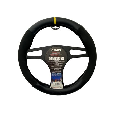 Simoni Racing Couvre-Volant Sporty - Eco-Cuir Noir/Microfibre/Aspect Carbone + Marquage Jaune - 37-39cm