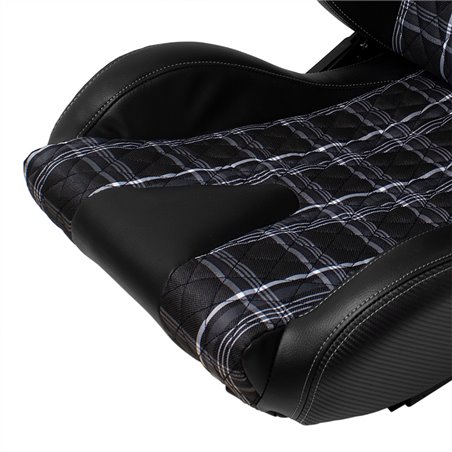 Siège baquet 'GT' - Simili Cuir Noir + Tissu en motif à carreaux Gris + Surpiqûres Gris - Dossier régable - incl. glissières