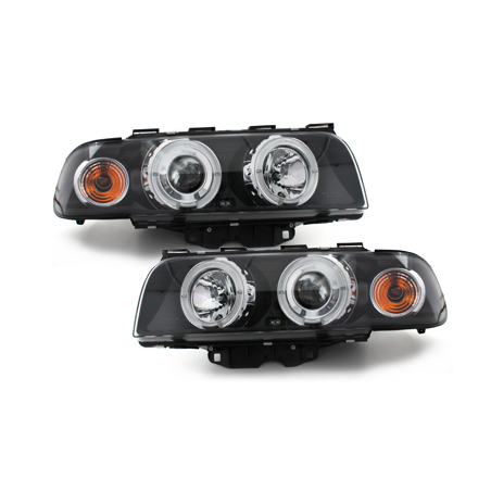 Phares BMW E38 7er 94-98  avec 2 Anneaux lumineux Angel Eyes  Noir