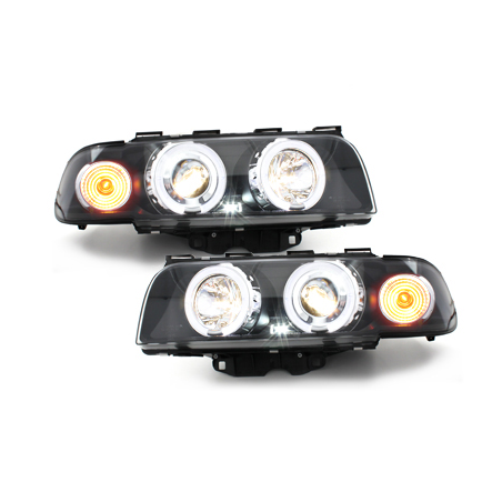 Phares BMW E38 7er 94-98  avec 2 Anneaux lumineux Angel Eyes  Noir