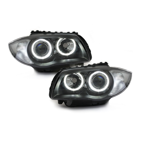 Phares BMW 1er E87 04-07  avec 2 Anneaux lumineux Angel Eyes  Noir