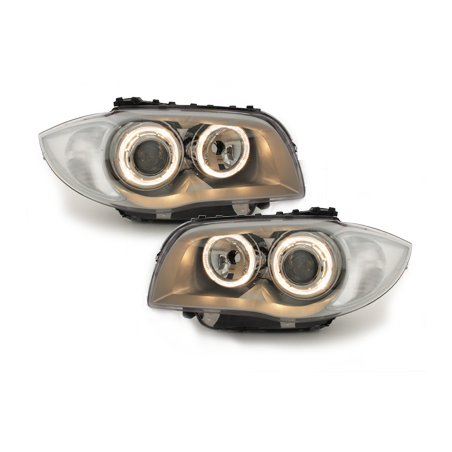 Phares BMW 1er E87 04-07  avec 2 Anneaux lumineux Angel Eyes  Chrome