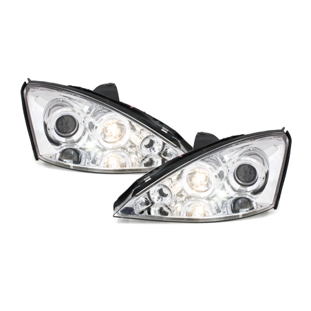 Phares Ford Focus 98-01  avec 2 Anneaux lumineux Angel Eyes  Chrome