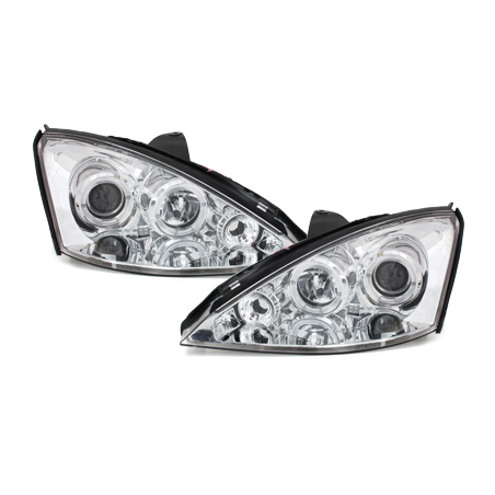 Phares Ford Focus 98-01  avec 2 Anneaux lumineux Angel Eyes  Chrome