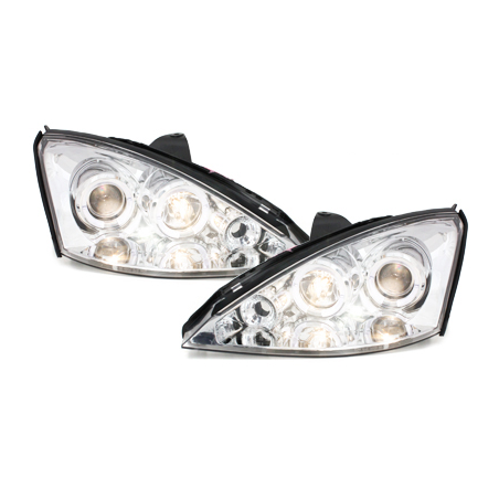 Phares Ford Focus 98-01  avec 2 Anneaux lumineux Angel Eyes  Chrome