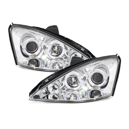 Phares Ford Focus 98-01  avec 2 Anneaux lumineux Angel Eyes  Chrome