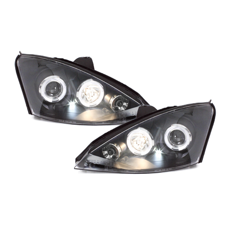 Phares Ford Focus 01-04  avec 2 Anneaux lumineux Angel Eyes  Noir