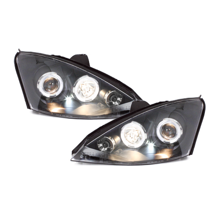 Phares Ford Focus 01-04  avec 2 Anneaux lumineux Angel Eyes  Noir