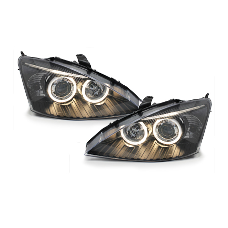 Phares Ford Focus 01-04  avec 2 Anneaux lumineux Angel Eyes  Noir