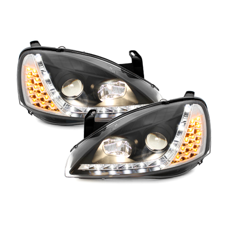 Phares DAYLINE Opel Corsa C 01-06  avec feux diurne LED  Noir