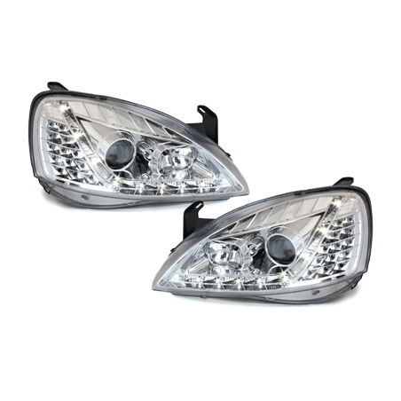 Phares DAYLINE Opel Corsa C 01-06  avec feux diurne LED  Chrome