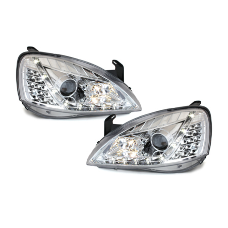 Phares DAYLINE Opel Corsa C 01-06  avec feux diurne LED  Chrome