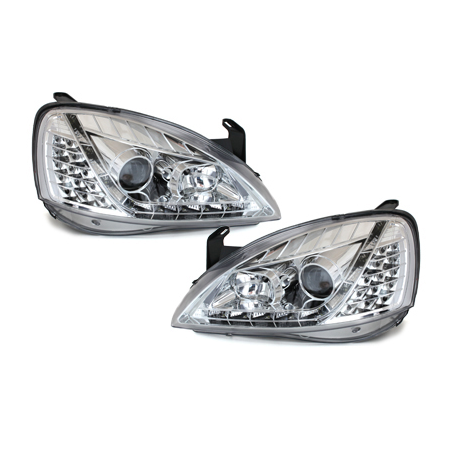 Phares DAYLINE Opel Corsa C 01-06  avec feux diurne LED  Chrome