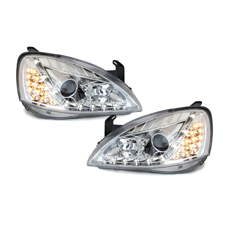 Phares DAYLINE Opel Corsa C 01-06  avec feux diurne LED  Chrome