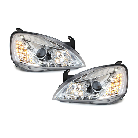 Phares DAYLINE Opel Corsa C 01-06  avec feux diurne LED  Chrome