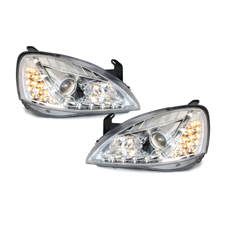 Phares DAYLINE Opel Corsa C 01-06  avec feux diurne LED  Chrome