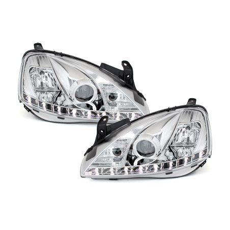 Phares DAYLINE Opel Corsa C 01-06  avec feux diurne LED  Chrome