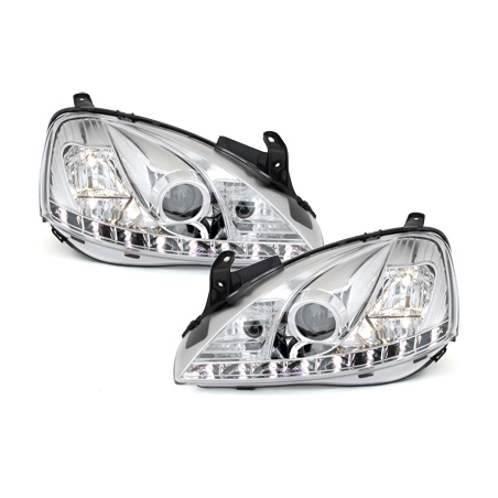 Phares DAYLINE Opel Corsa C 01-06  avec feux diurne LED  Chrome