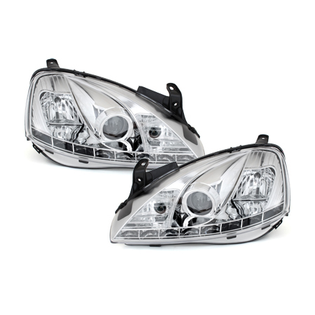 Phares DAYLINE Opel Corsa C 01-06  avec feux diurne LED  Chrome