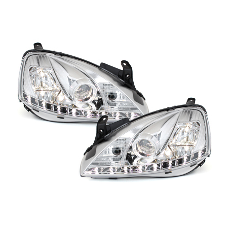 Phares DAYLINE Opel Corsa C 01-06  avec feux diurne LED  Chrome