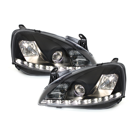 Phares DAYLINE Opel Corsa C 01-06  avec feux diurne LED  Noir