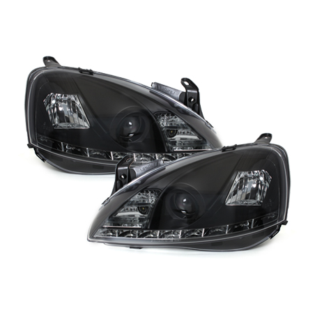 Phares DAYLINE Opel Corsa C 01-06  avec feux diurne LED  Noir