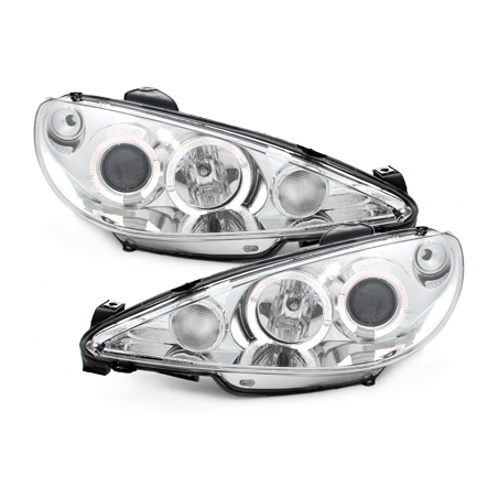 Phares Peugeot 206 98-02  avec 2 Anneaux lumineux Angel Eyes  Chrome