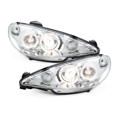 Phares Peugeot 206 02-07  avec anneaux lumineux angel eyes  Chrome