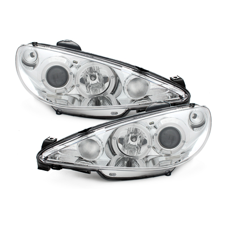 Phares Peugeot 206 02-07  avec anneaux lumineux angel eyes  Chrome