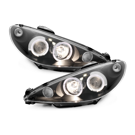 Phares Peugeot 206 98-02  avec 2 Anneaux lumineux Angel Eyes   Noir