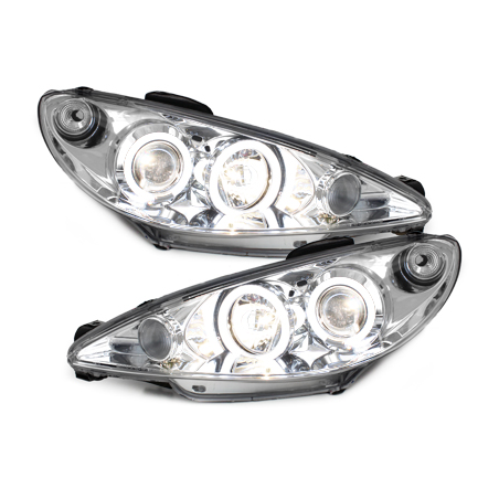 Phares Peugeot 206 98-02  avec anneaux lumineux angel eyes CCFL  Chrome