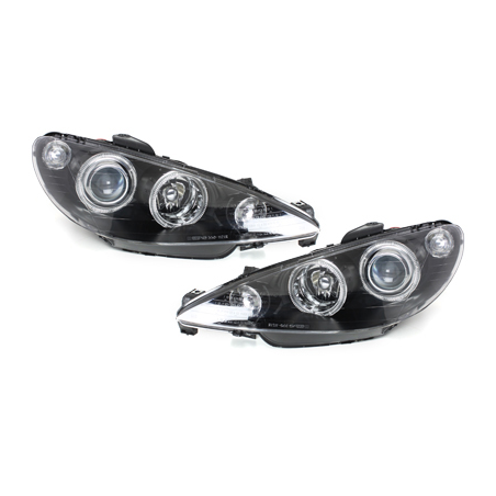 Phares Peugeot 206 02-07  avec 2 Anneaux lumineux Angel Eyes   Noir