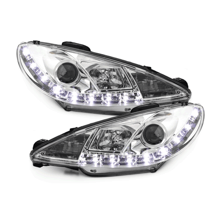 Phares DAYLINE Peugeot 206 98-07  avec feux diurne LED  Chrome