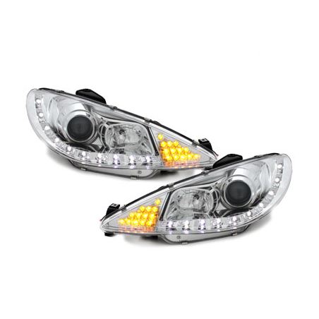 Phares DAYLINE Peugeot 206 98-07  avec feux diurne LED  Chrome