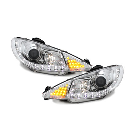 Phares DAYLINE Peugeot 206 98-07  avec feux diurne LED  Chrome