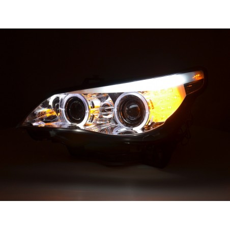 Phares xenon angel eyes LED BMW Série 5 E60 / E61 03-04 chrome