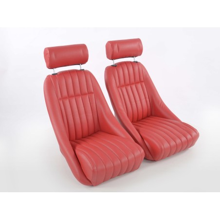 FK Oldtimersitze Sièges baquets complets pour voiture Set Classic 2 en cuir artificiel rouge avec appui-tête